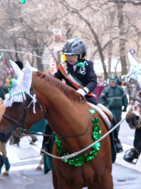 a person riding on the back of a brown horse