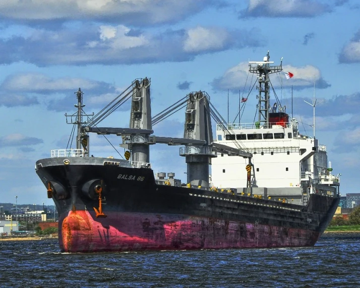 the large boat is anchored on the water