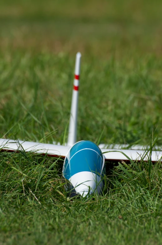 a bat and cup laying on the ground in a field