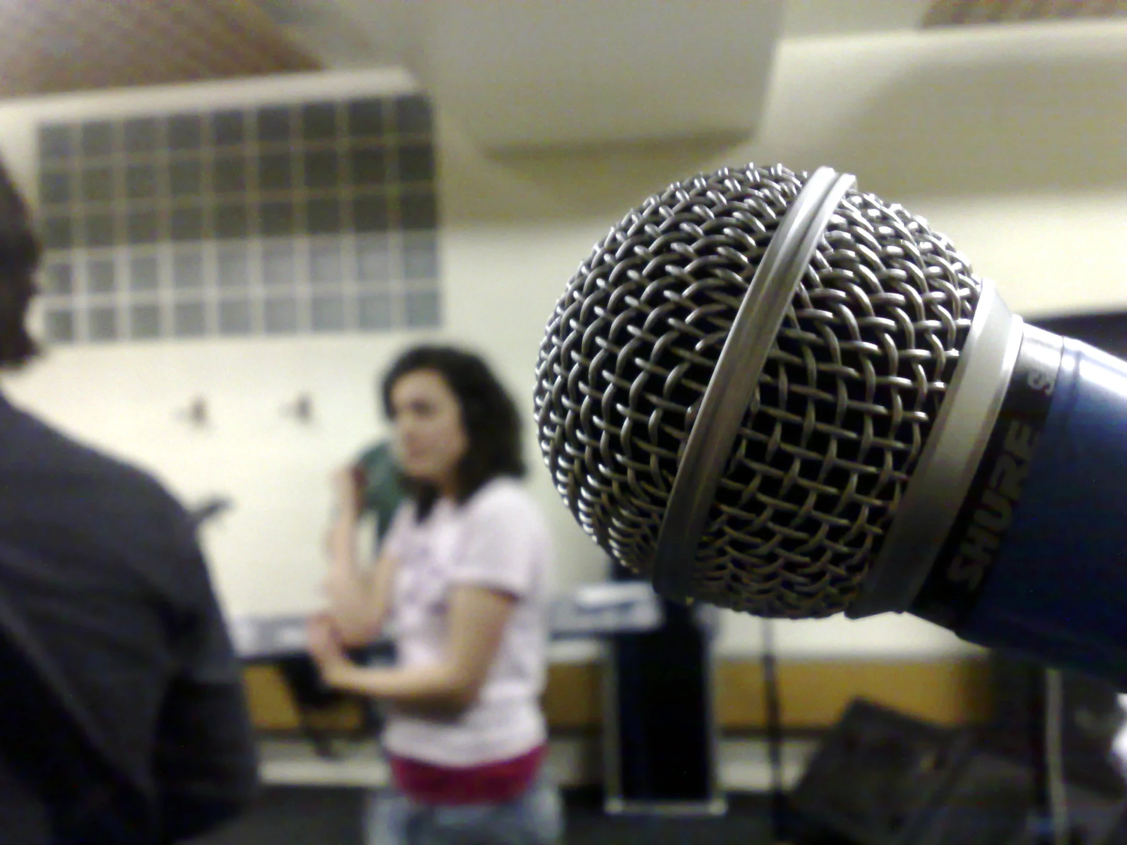 a microphone with a woman talking in the background