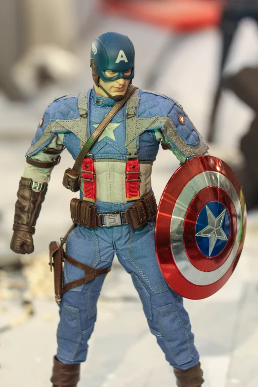 a toy captain america has a large shield on it's back