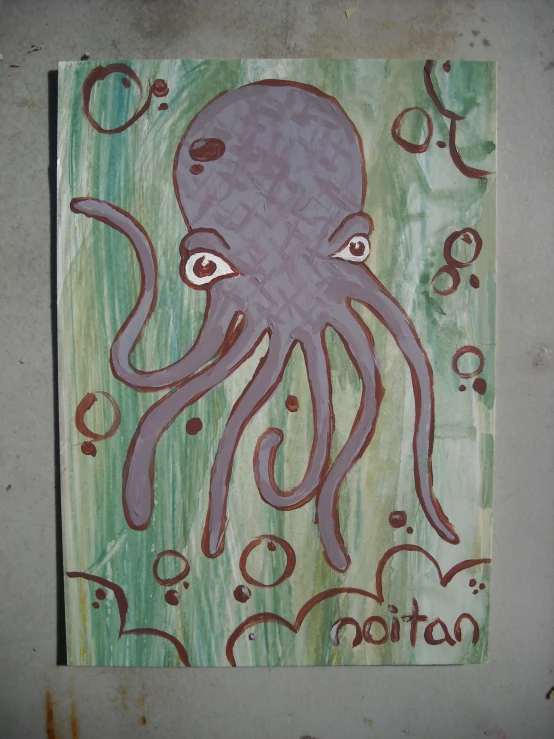 an octo with eyes and bubbles is painted on a board