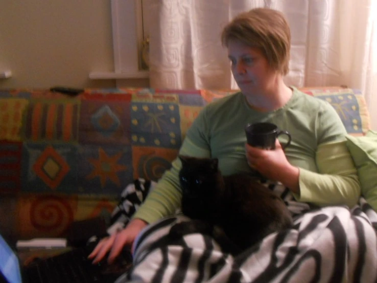 a person sitting on a couch with a cat and a laptop