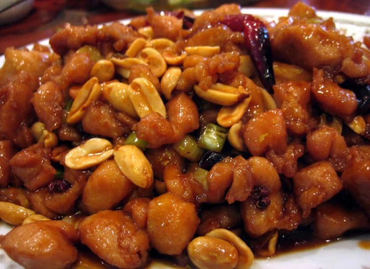 a plate filled with chicken and peanuts and garnished in sauce