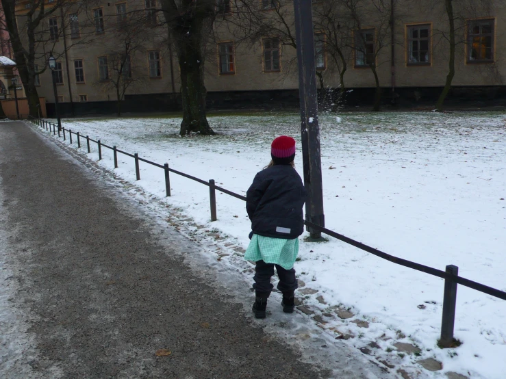 the boy stands looking out across the snowy path