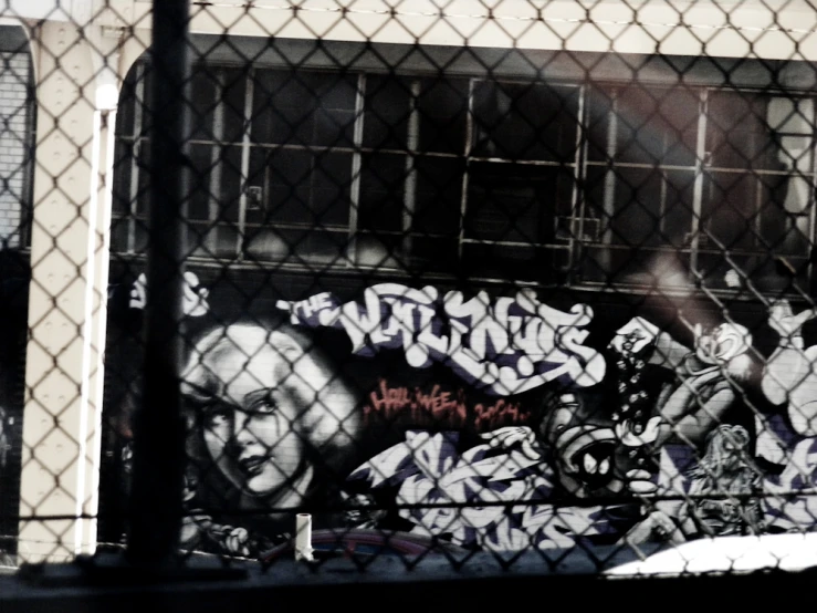 graffiti is shown behind a fence in an industrial area