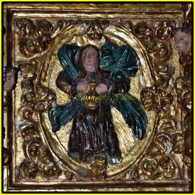 a gold, painted icon of the virgin mary of the snow