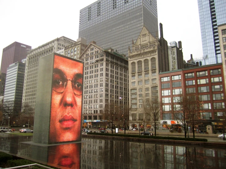 a large advertit on the side of a wall with the face of man