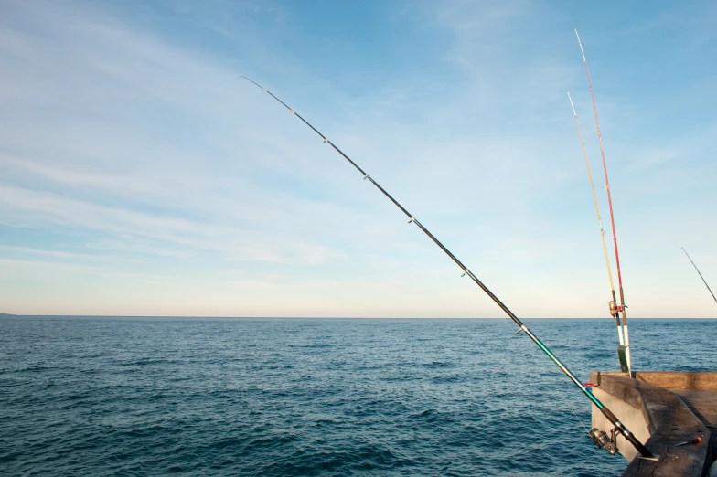 two people fishing off the docks on a clear day