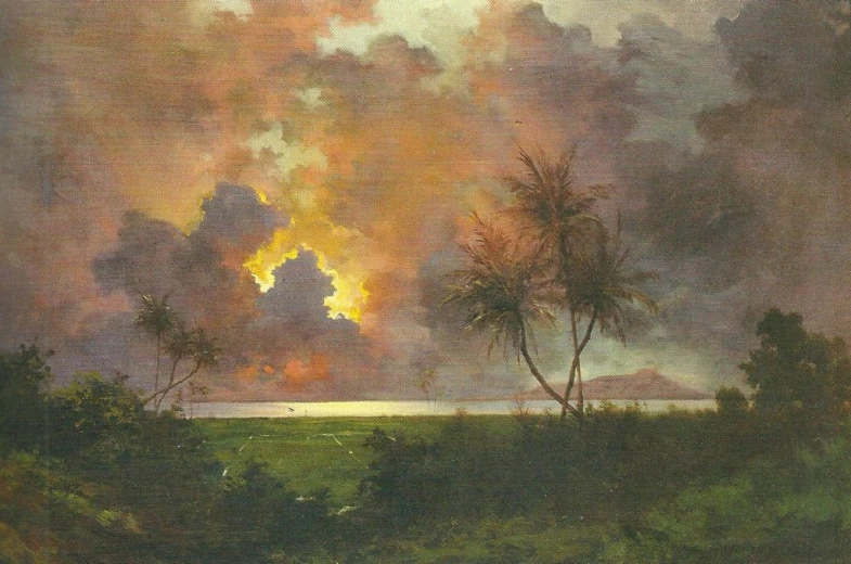a painting of sun coming out through clouds