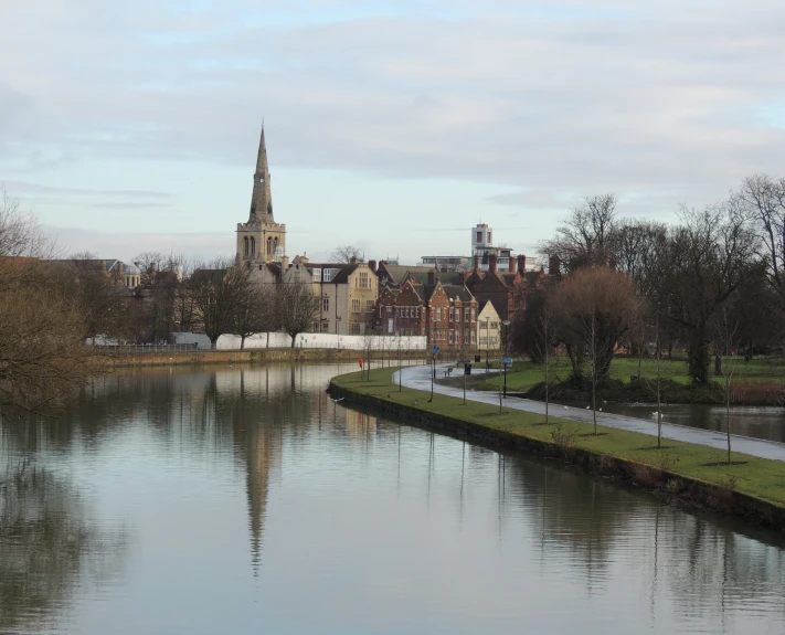 a picture taken from across the river from buildings