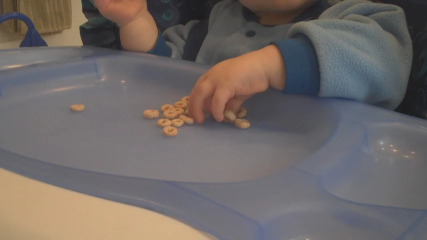 small child in blue shirt sitting at a table eating some cereal