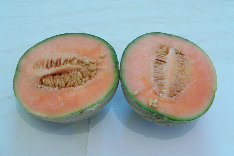 a close up of two pieces of melon