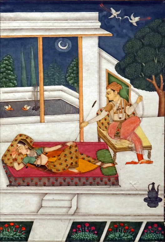 an antique painting of a woman laying in bed next to a man