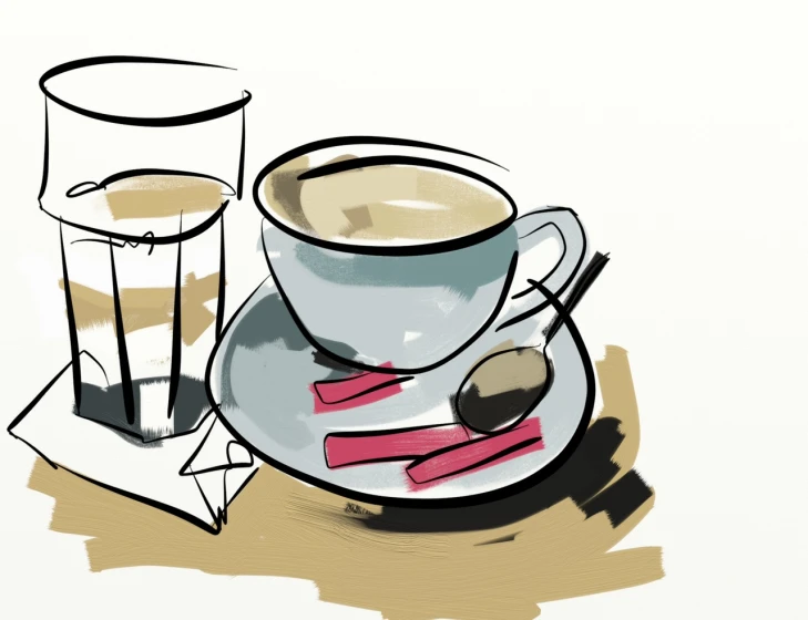 a drawing of a cup and spoon near a glass