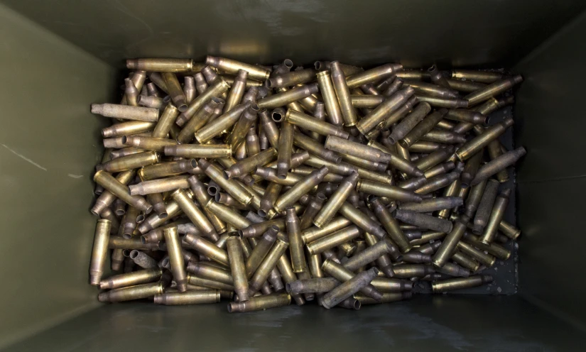 the inside of a bin full of ss colored bullet casings