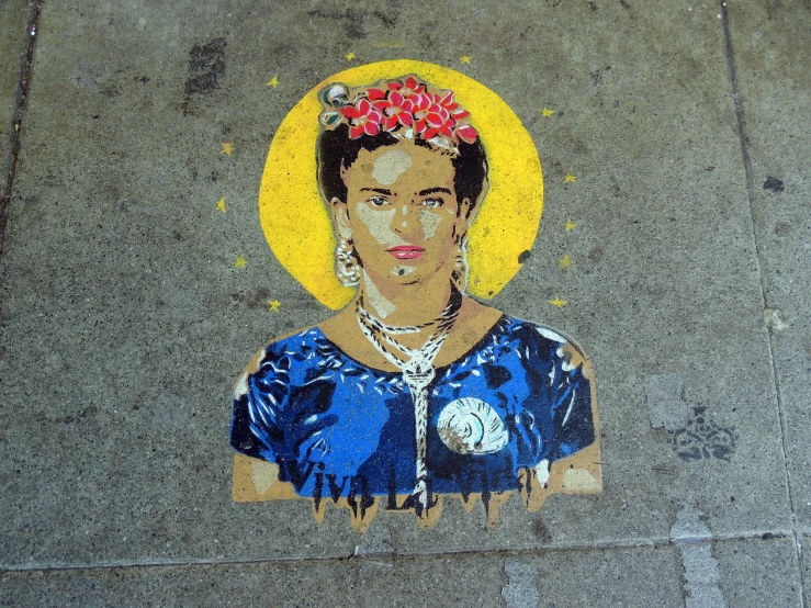 a portrait of a person in blue dress on cement