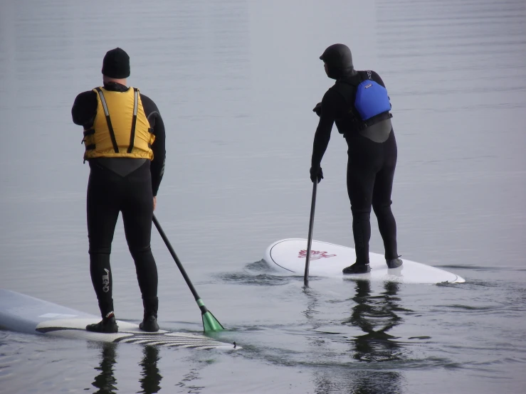 two surfers wearing full body wetsuits paddling on their boards in the water