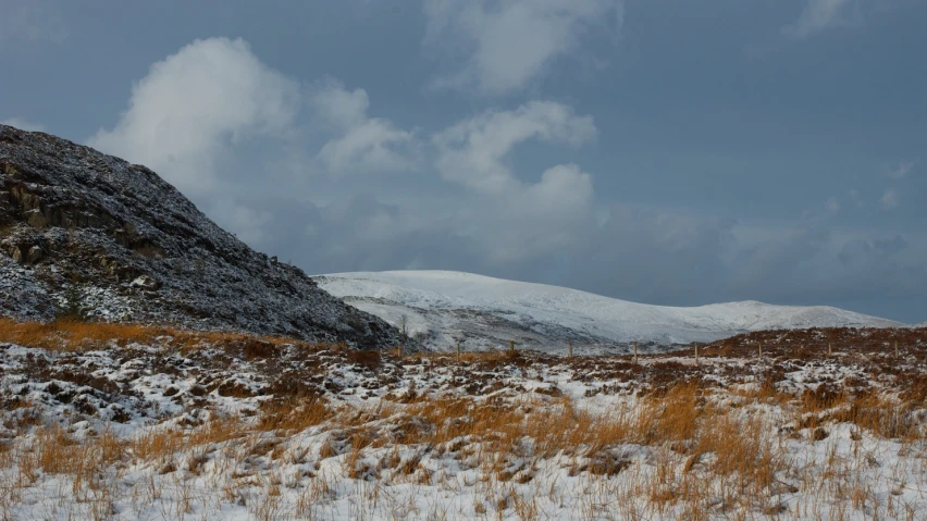 snow covered mountains under a cloudy sky