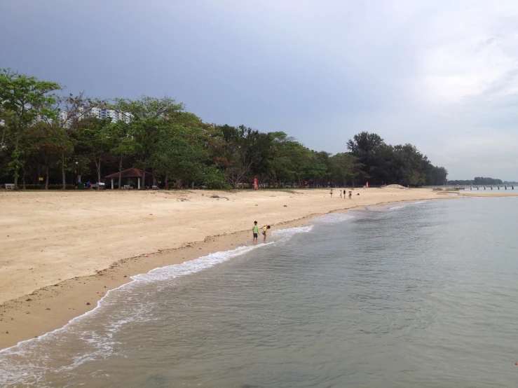 there are people walking on the beach on a sunny day