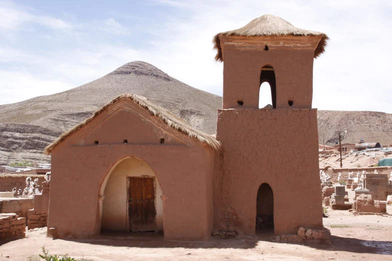 adobe church building with steep, flat, and curved roof