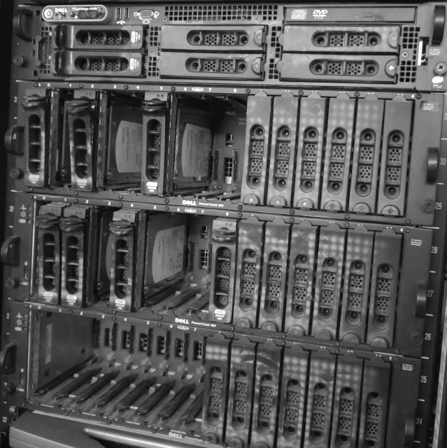 a black and white po of many servers