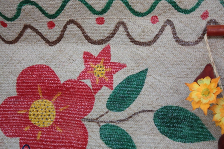 a close up of a tapestry on a tablecloth