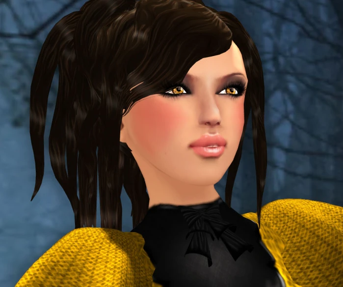 a female avatar wearing a black top and yellow scarf