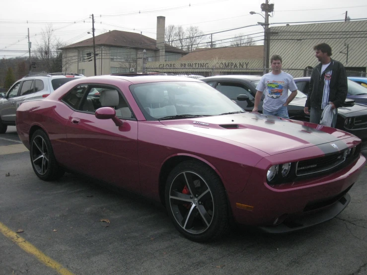 two men standing beside a purple car