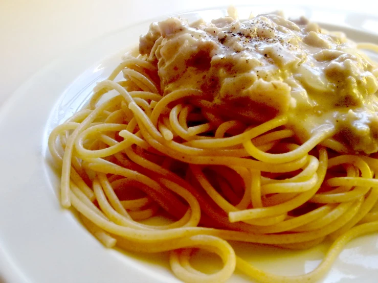 a plate with some pasta on it on a table