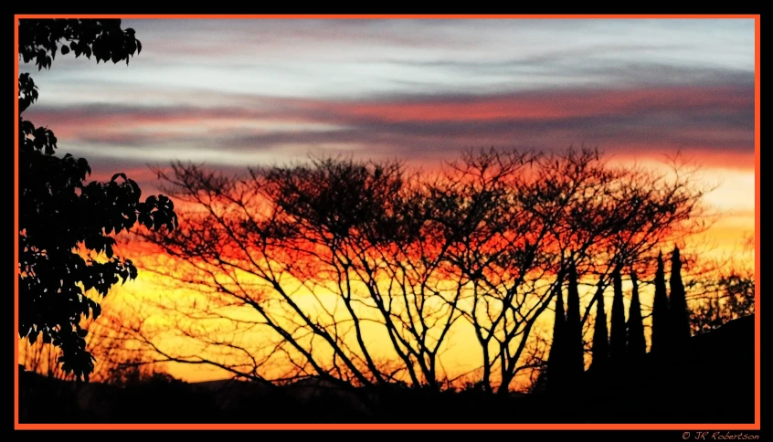 a sky filled with a colorful orange sunset and lots of trees