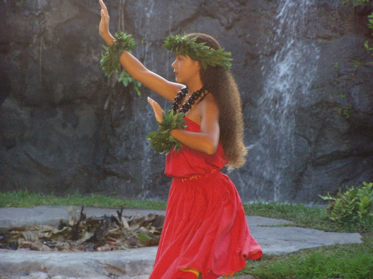 a woman in a red dress pointing at the waterfall