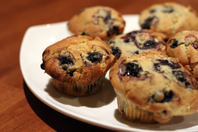 a white plate with some blueberry muffins on it