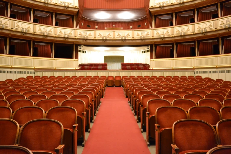 a theater with rows of brown chairs and a red carpet