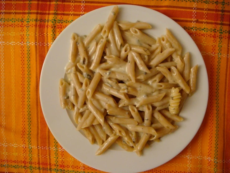 an overhead s of pasta with sauce in a plate