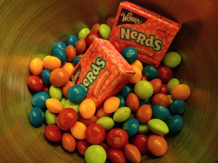 a box of nerds is in a bowl