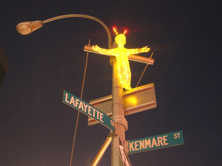 the traffic signal has some street signs attached