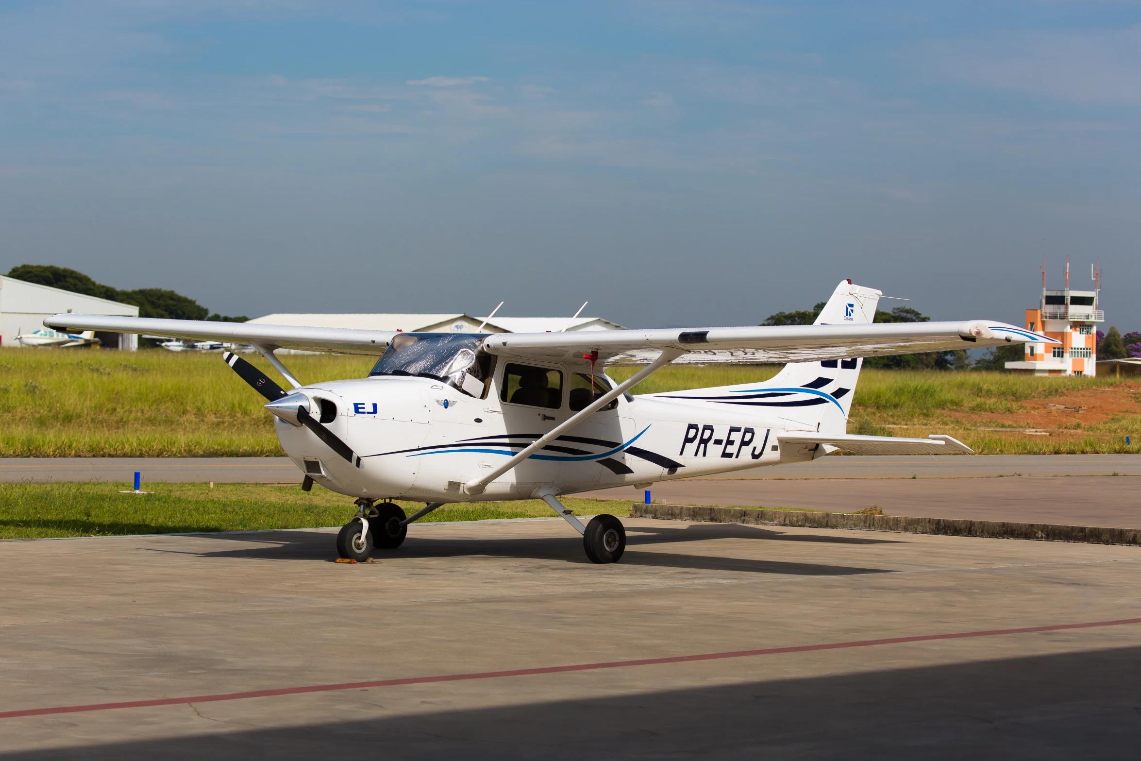 the small airplane has four propellers on it