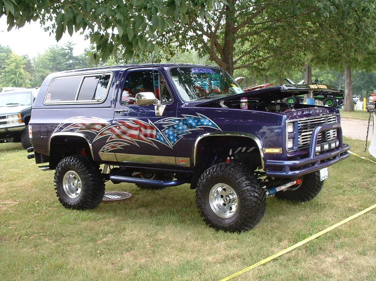 a purple truck parked on top of a lush green field