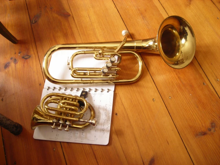 two ss horns on a notepad on the floor