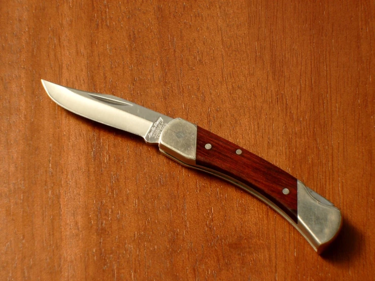 a knife with a wood and silver handle on a table