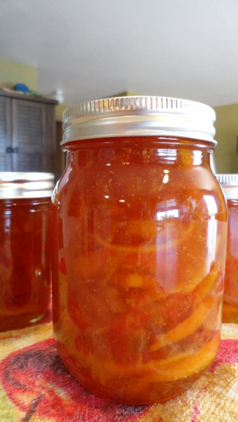 several jars with sliced apples in them on a mat