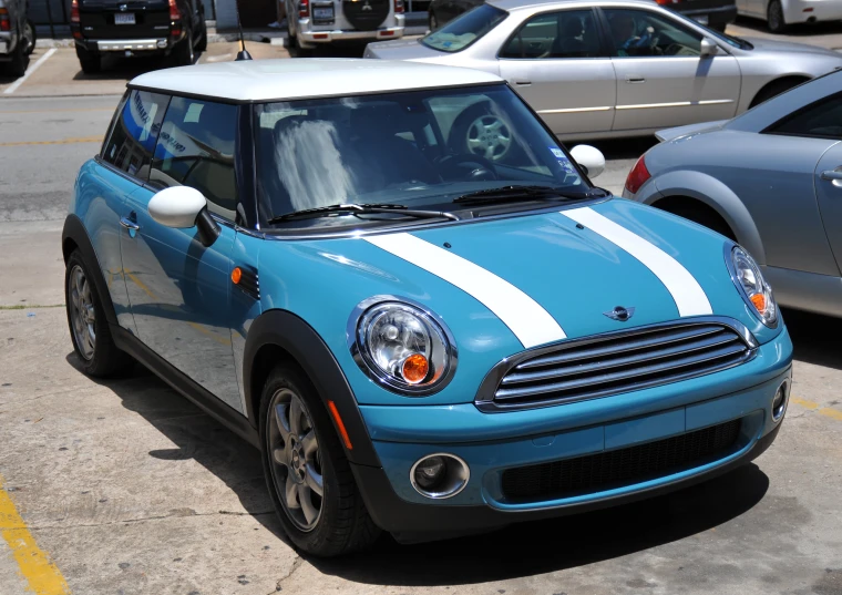 a small blue car parked in a parking lot