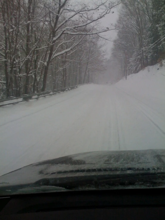 a snowy road with trees on both sides