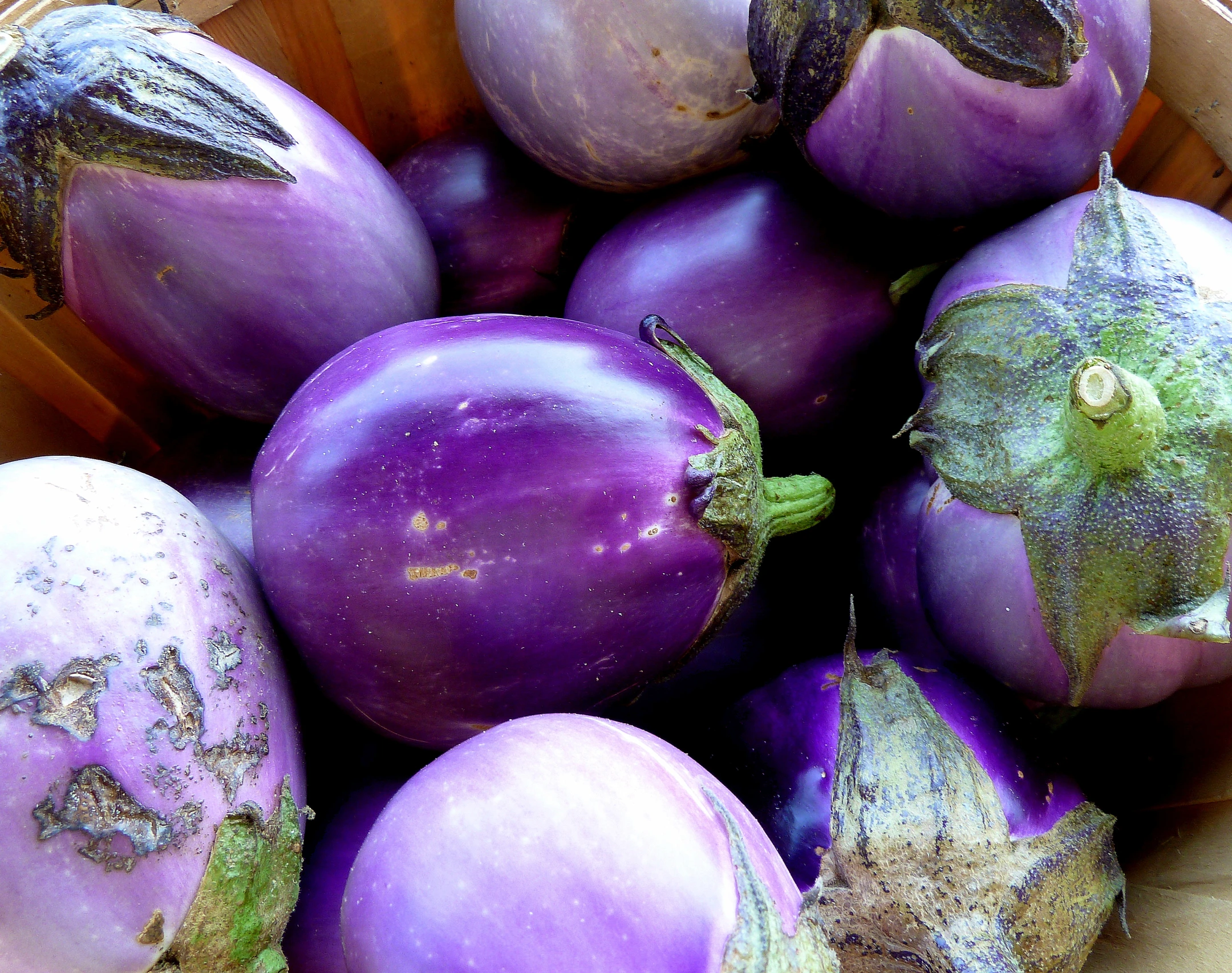 a basket of purple eggplant sitting on a counter