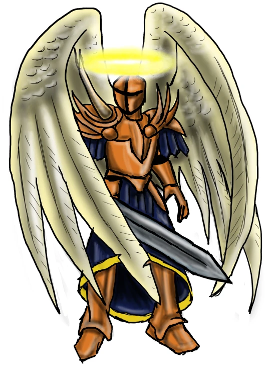 an angel with large wings holding a sword