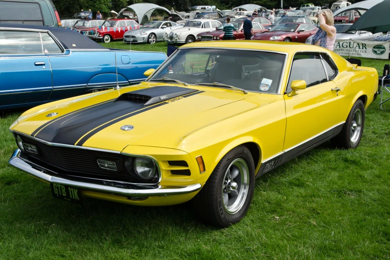 a classic yellow mustang mustang sitting in the grass