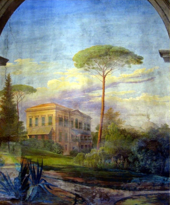 a painting shows a large building with trees on each side