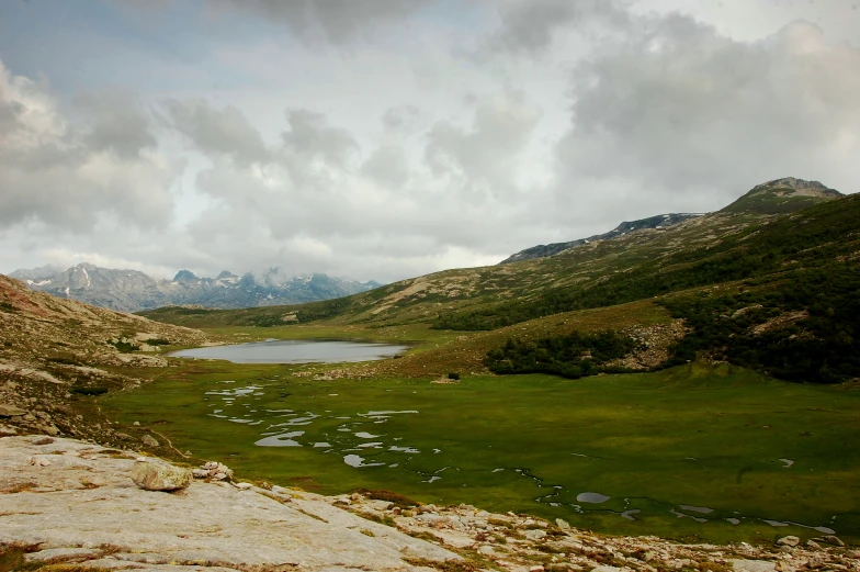 a green valley with grass and water near mountains