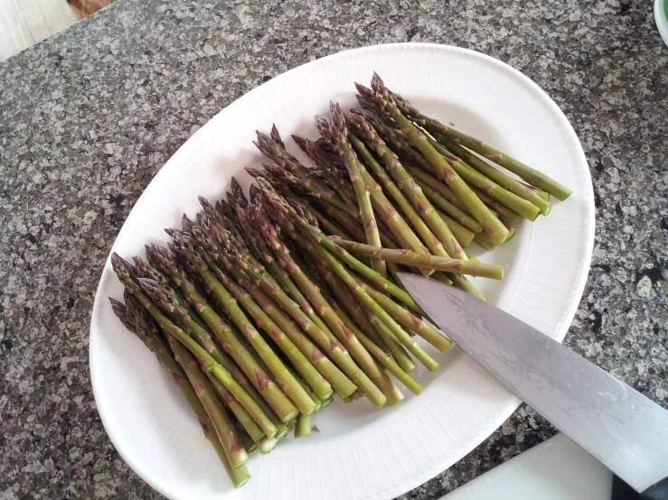 a  knife in front of asparagus on a white plate